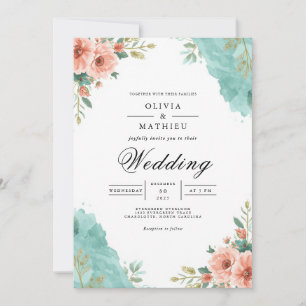 Convites Casamento com Floral em Aquarela Coral Turquesa