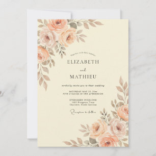 Convites Casamento com Floral em Aquarela de Pêssego e Cham