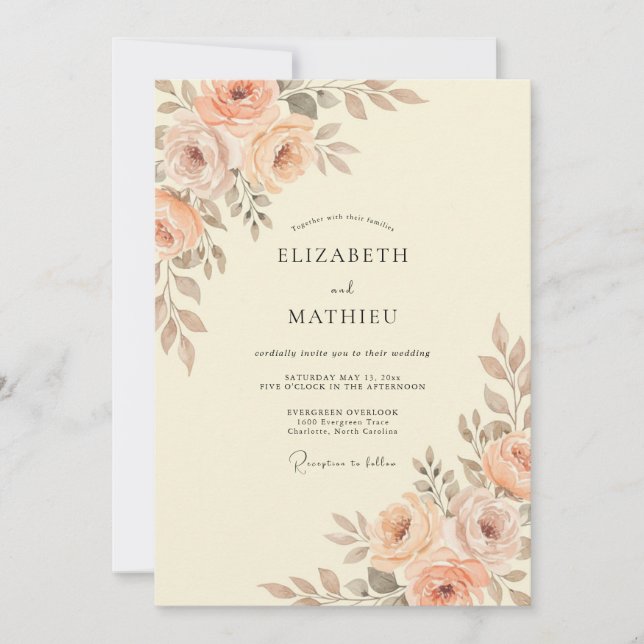 Convites Casamento com Floral em Aquarela de Pêssego e Cham (Frente)