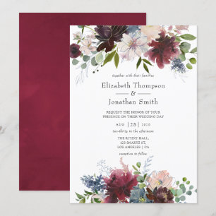 Convites Casamento com floral em aquarela em burgundy e azu