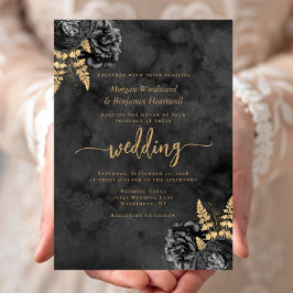 Convites Casamento com Floral em Aquarela Preta e Dourada E