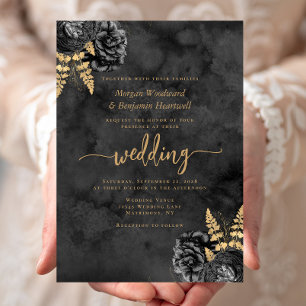 Convites Casamento com Floral em Aquarela Preta e Dourada E
