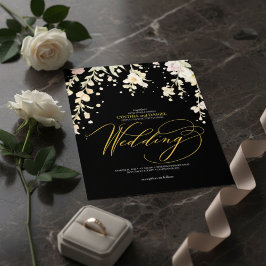 Convites Casamento com Floral em Aquarela Preto e Dourado E