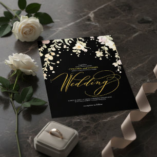 Convites Casamento com Floral em Aquarela Preto e Dourado E