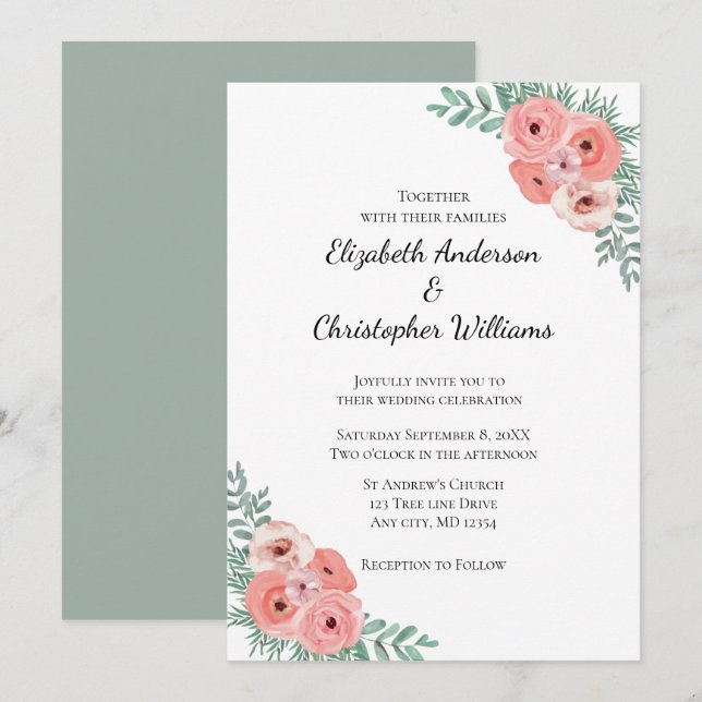 Convites Casamento com Floral em Aquarela Rosa e Verde Eleg (Frente/Verso)