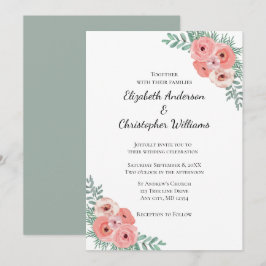 Convites Casamento com Floral em Aquarela Rosa e Verde Eleg