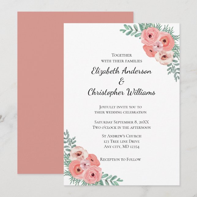 Convites Casamento com Floral em Aquarela Rosa e Verde Eleg (Frente/Verso)