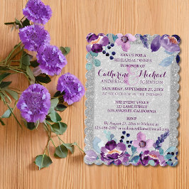 Convites Casamento com Floral em Aquarela Roxa e Brilho Pra