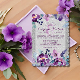 Convites Casamento com Floral em Aquarela Roxo e Brilho Pra