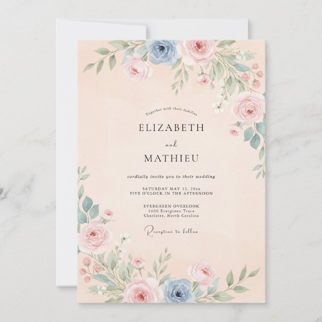 Convites Casamento com Floral em Azul Suave e Pêssego em Aq (Frente)