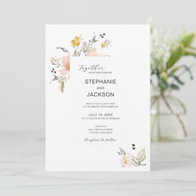Convites Casamento com Floral em Rosa Poeirento Elegante em (Em pé/Frente)