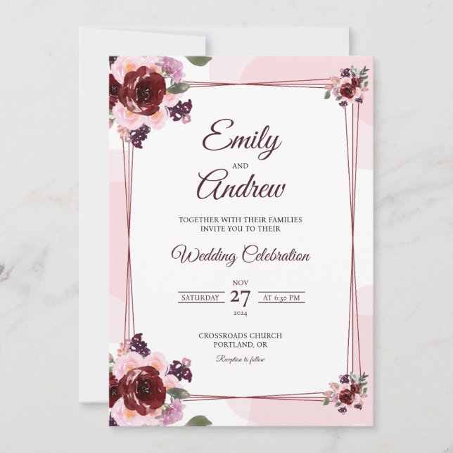 Convites Casamento com Floral Geométrico em Aquarela Borgon (Frente)