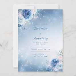 Convites Casamento com Floral Limite Brilho Azul Pó