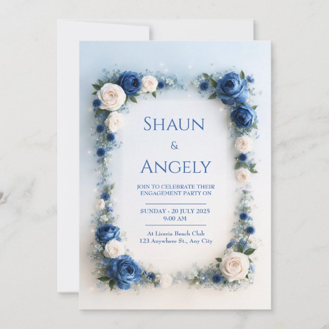 Convites Casamento com Floral Limite de Azul Pó Marfim (Frente)