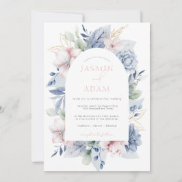 Convites Casamento com Floral Monograma Azul Elegante e Emp