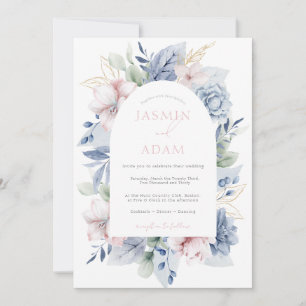 Convites Casamento com Floral Monograma Azul Elegante e Emp