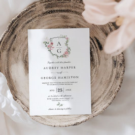 Convites Casamento com Floral Monograma em Rosa Bege Elegan