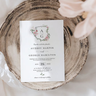 Convites Casamento com Floral Monograma em Rosa Bege Elegan