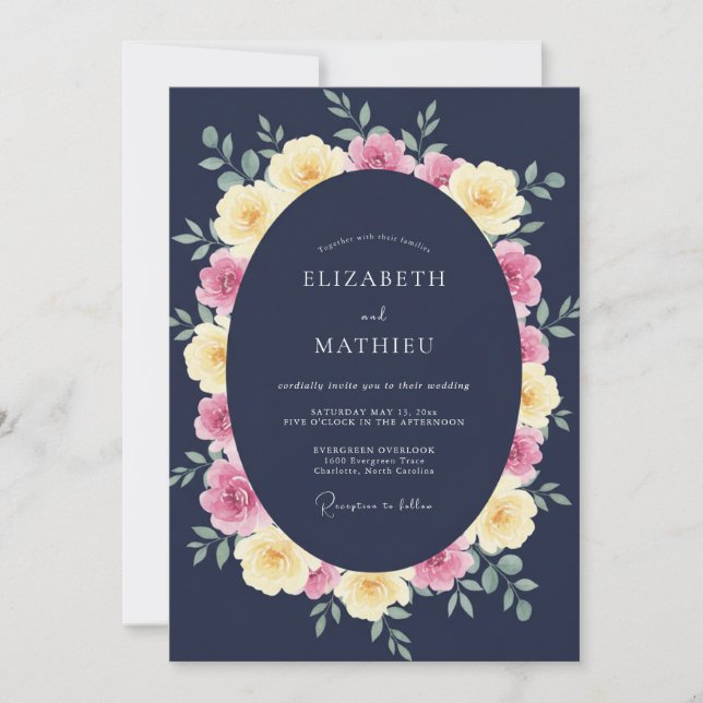Convites Casamento com Floral Pastel Naval em Aquarela (Frente)