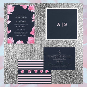 Convites Casamento com Floral Rosa e Azul Marinho em Aquare