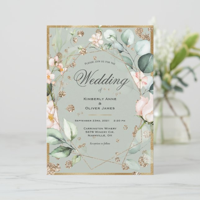 Convites Casamento com Floral Rosa Elegante Aquarela (Em pé/Frente)