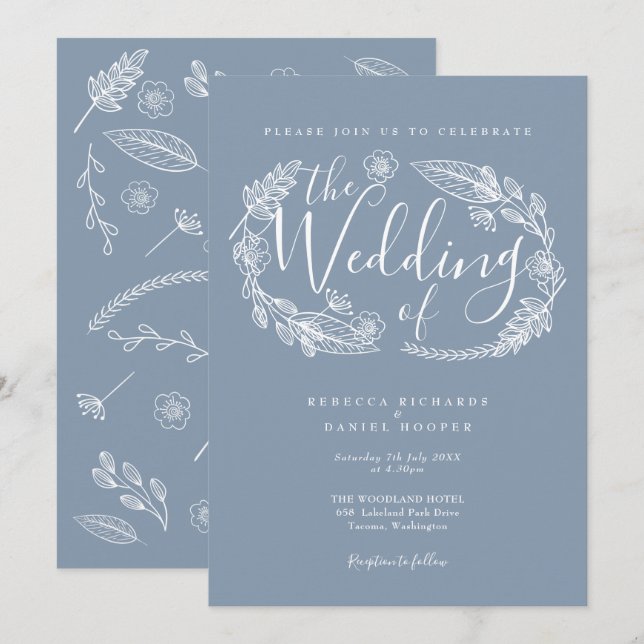 Convites Casamento com Floral Rústico Desenhado à Mão em Az (Frente/Verso)