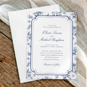 Convites Casamento com Floral Toile Azul-Marinho Vintage em