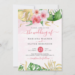 Convites Casamento com Floral Tropical Dourado em Aquarela