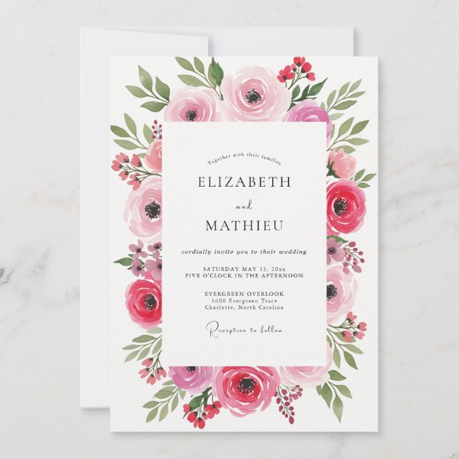 Convites Casamento com Floreio Artístico Rosa (Frente)