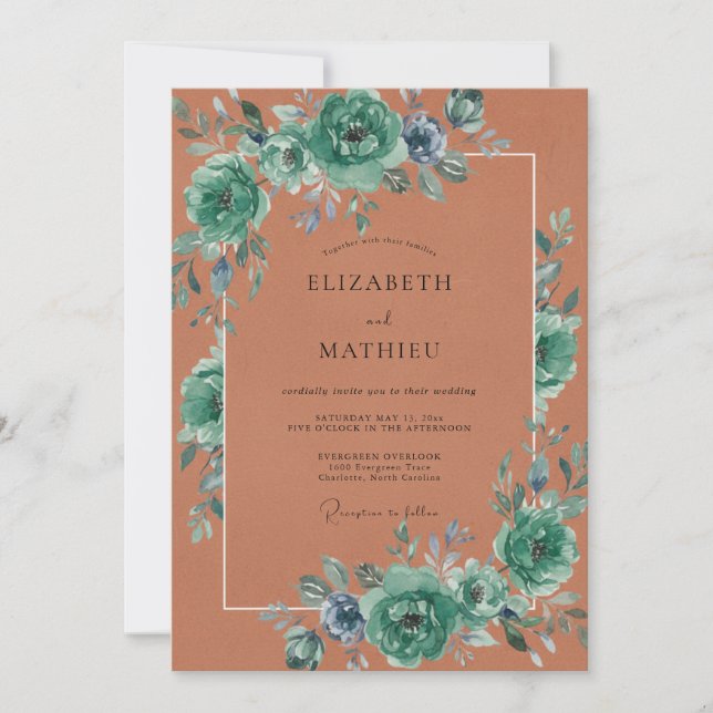 Convites Casamento com Floreio Artístico Turquesa (Frente)