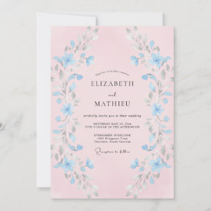 Convites Casamento com Floreio de Pincelada Azul Claro