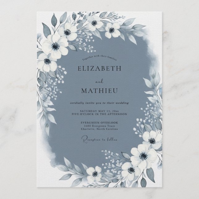 Convites Casamento com Floreio Painterly Azul Ardósia (Frente)