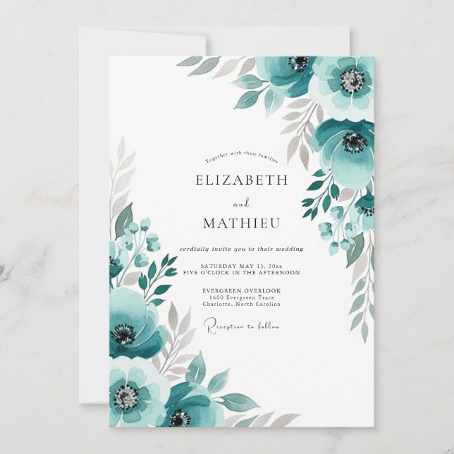 Convites Casamento com Floreio Pintado em Azul-verde (Frente)