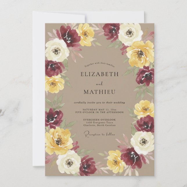 Convites Casamento com Flores Amarelas e Burgundy com Flore (Frente)