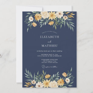 Convites Casamento com Flores Amarelas Navy