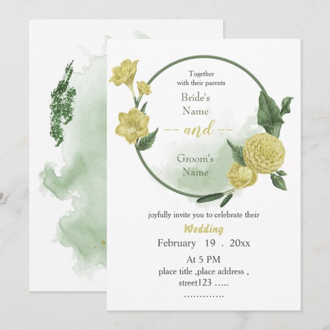 Convites casamento com flores amarelas verde terra verde (Frente/Verso)