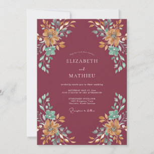 Convites Casamento com Flores Artísticas Burgundy