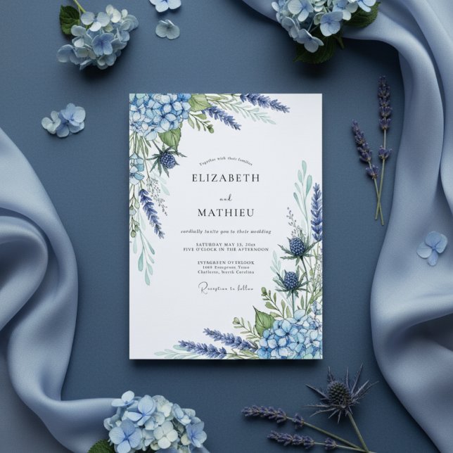 Convites Casamento com Flores Azuis Desbotadas (Criador carregado)