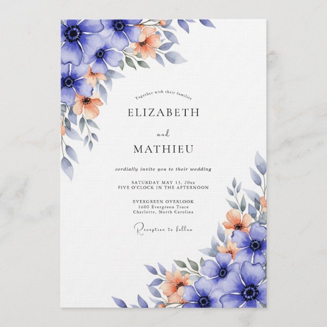 Convites Casamento com Flores Azuis Exuberantes (Frente)