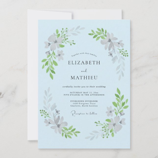 Convites Casamento com Flores Azuis Pastel em Profusão (Frente)