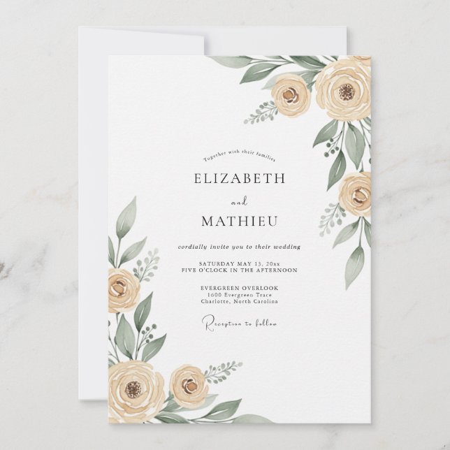 Convites Casamento com Flores Beige Pintadas à Mão (Frente)