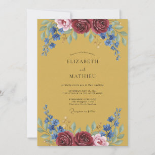 Convites Casamento com Flores Botânicas Azul Borgonha