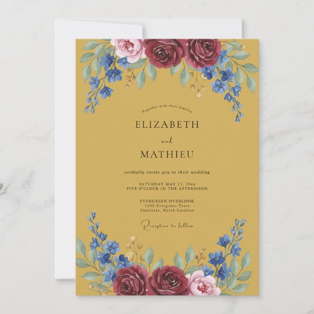 Convites Casamento com Flores Botânicas Azul Borgonha (Frente)