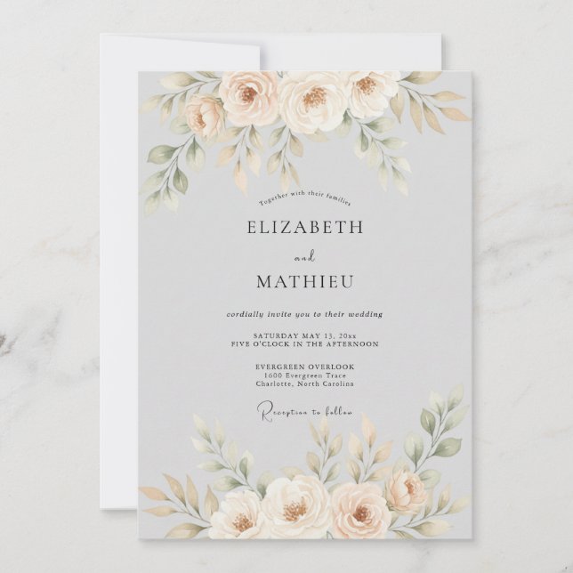 Convites Casamento com Flores Botânicas de Flor de Pessegue (Frente)
