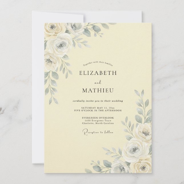 Convites Casamento com Flores Botânicas de Marfim (Frente)