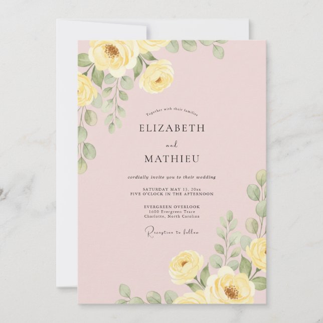Convites Casamento com Flores Botânicas em Amarelo Suave (Frente)