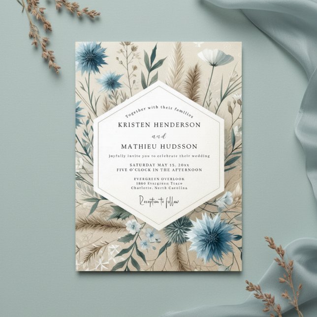 Convites Casamento com Flores Botânicas em Azul Desbotado (Criador carregado)