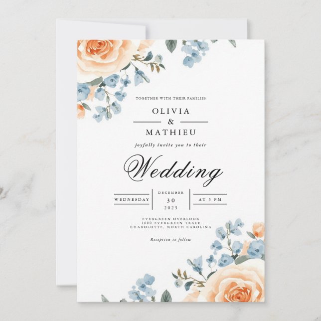 Convites Casamento com Flores Botânicas em Azul e Pêssego (Frente)