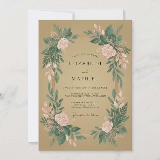 Convites Casamento com Flores Botânicas em Verde e Rubor (Frente)