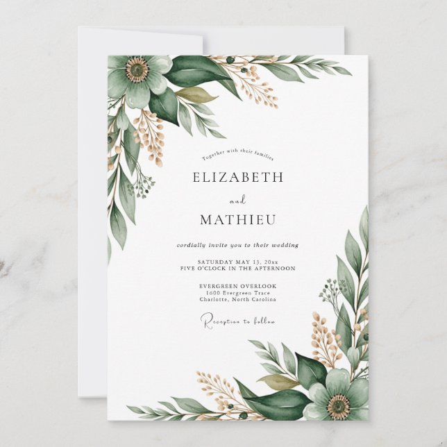Convites Casamento com Flores Botânicas Esmeralda (Frente)